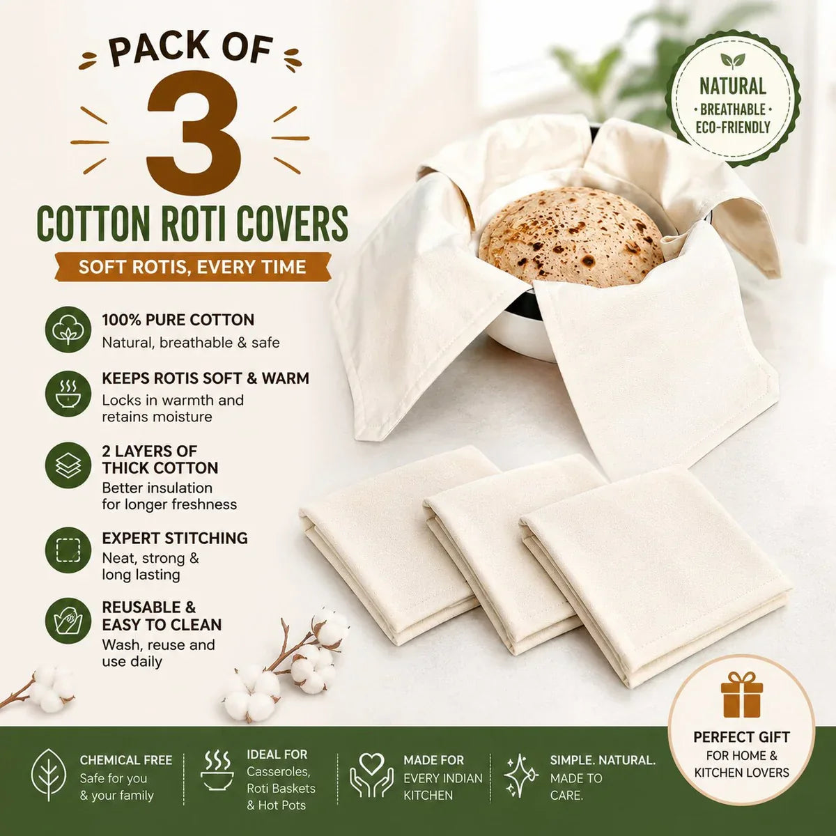 (Pack Of 3) Cotton Double Layer Wrap With Flaps For Roti, Chapati & Paratha