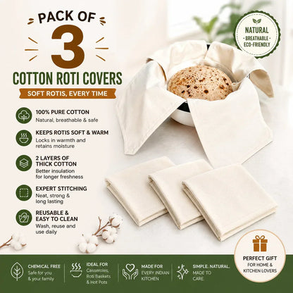 (Pack Of 3) Cotton Double Layer Wrap With Flaps For Roti, Chapati & Paratha